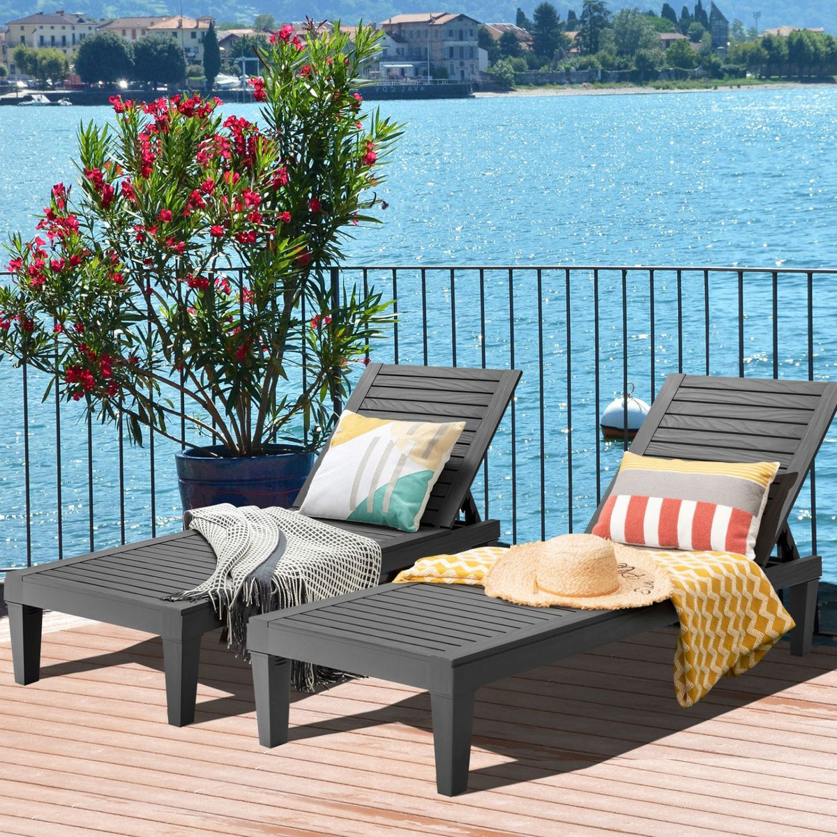 Set of 2 Outdoor Chaise Lounge Chair with 5 Positions Adjustable Backrest