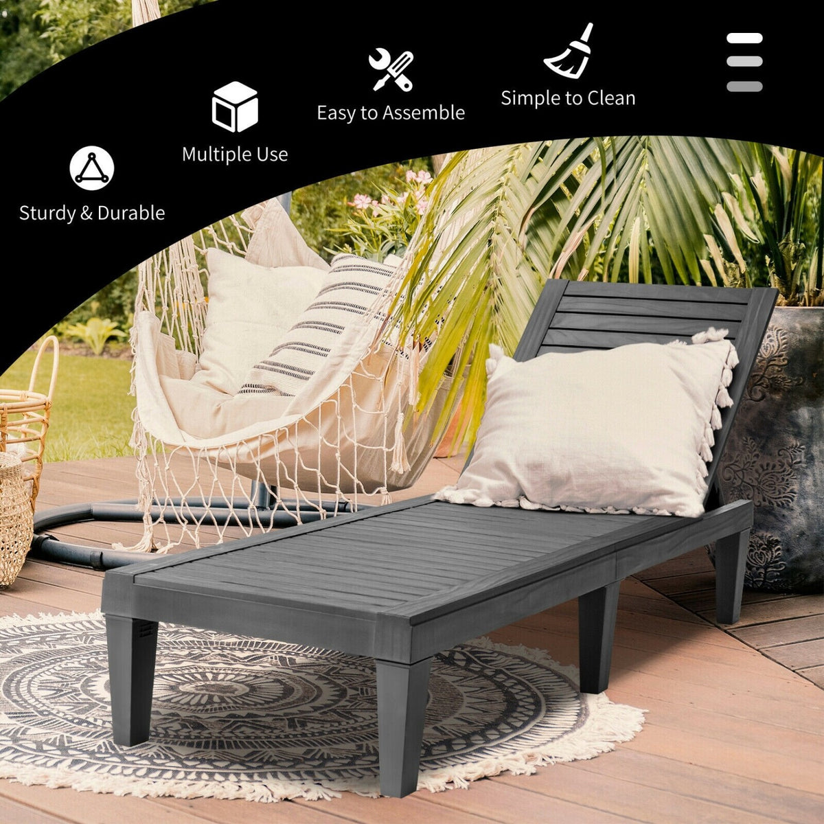 Set of 2 Outdoor Chaise Lounge Chair with 5 Positions Adjustable Backrest