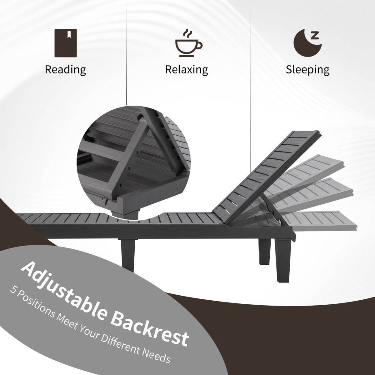 Set of 2 Outdoor Chaise Lounge Chair with 5 Positions Adjustable Backrest