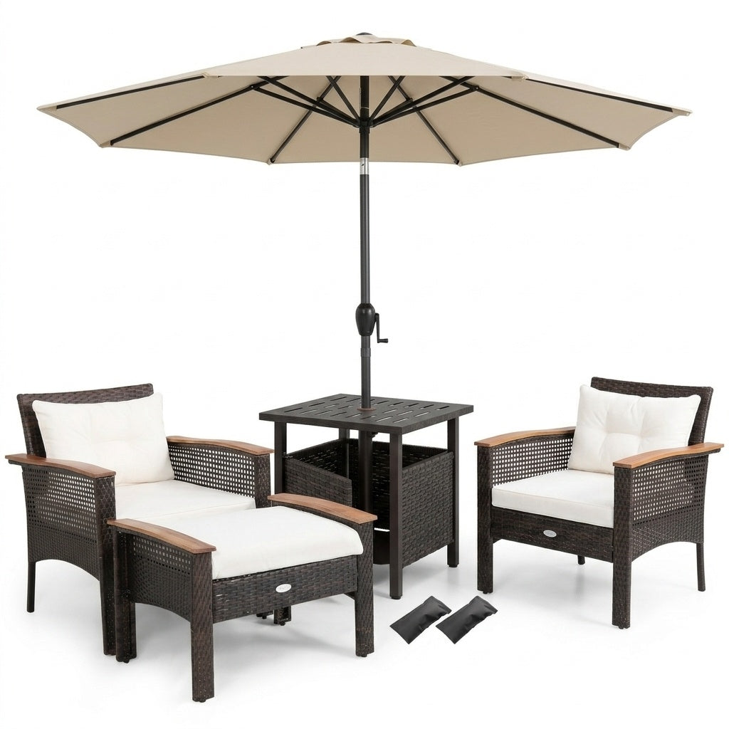 3-Piece Patio Lounge Bundle with 5-Piece PE Rattan Conversation Set Wicker Umbrella Side Table & 7.5 FT Tilt Market Umbrella