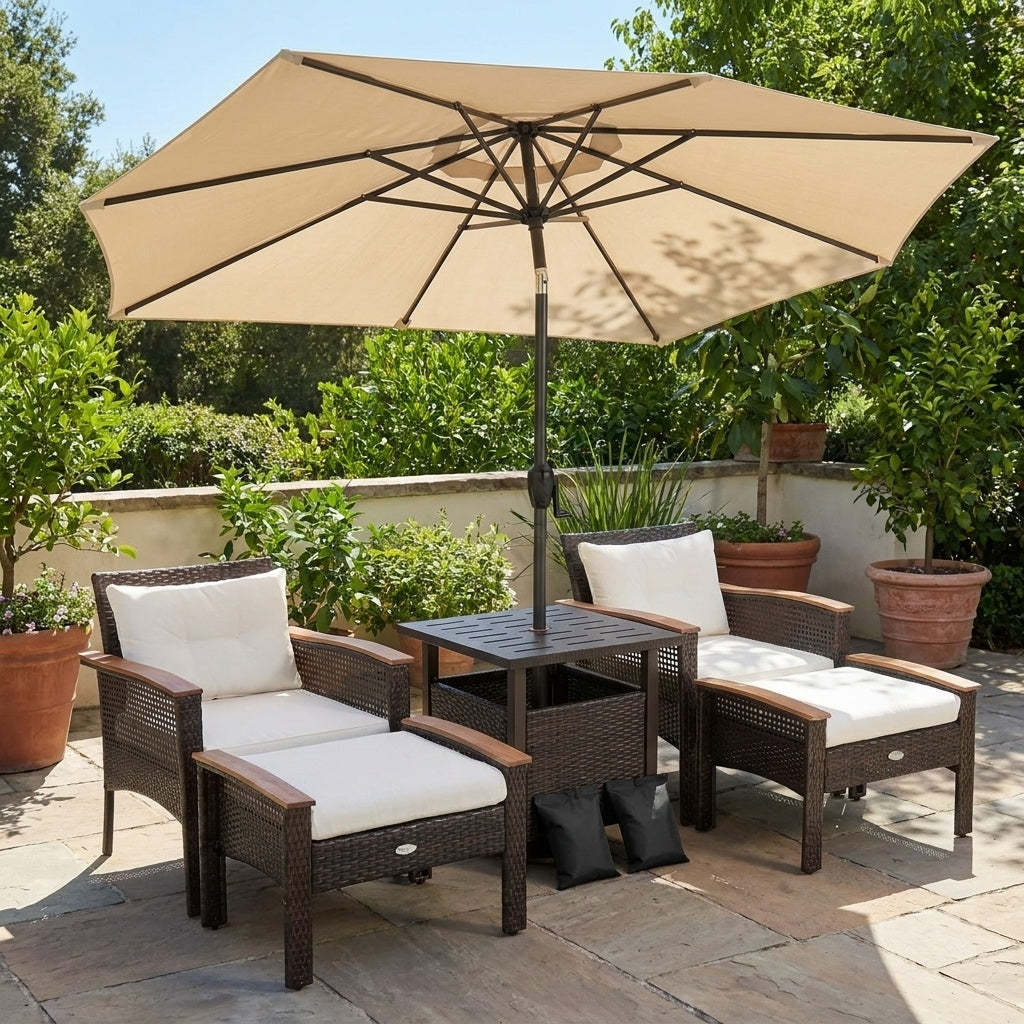 3-Piece Patio Lounge Bundle with 5-Piece PE Rattan Conversation Set Wicker Umbrella Side Table & 7.5 FT Tilt Market Umbrella