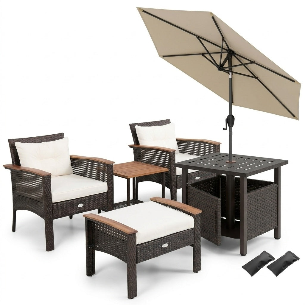 3-Piece Patio Lounge Bundle with 5-Piece PE Rattan Conversation Set Wicker Umbrella Side Table & 7.5 FT Tilt Market Umbrella