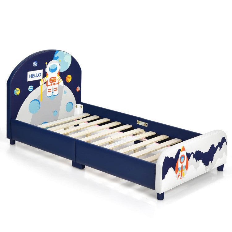 Space Astronaut Theme Kids Upholstered Platform Bed with Toy Storage Organizer
