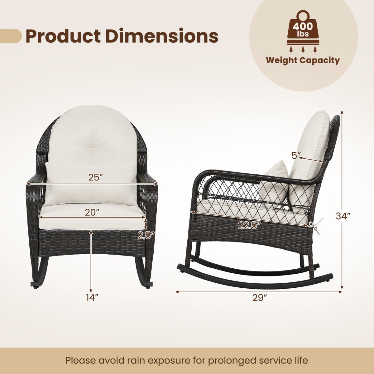 Outdoor Wicker Rocking Chair with Anti-Tip Stoppers 400 LBS for Porch Deck