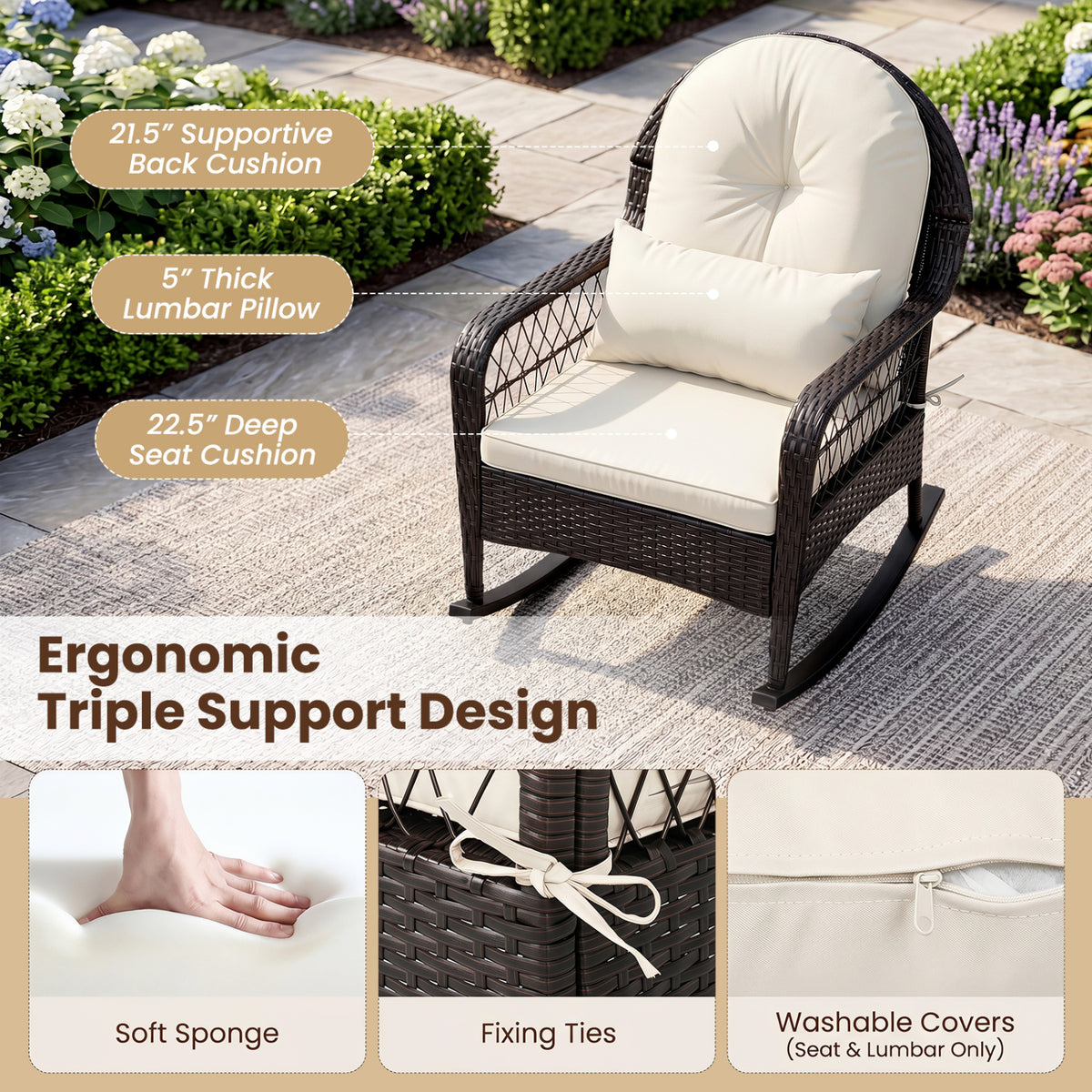 Outdoor Wicker Rocking Chair with Anti-Tip Stoppers 400 LBS for Porch Deck