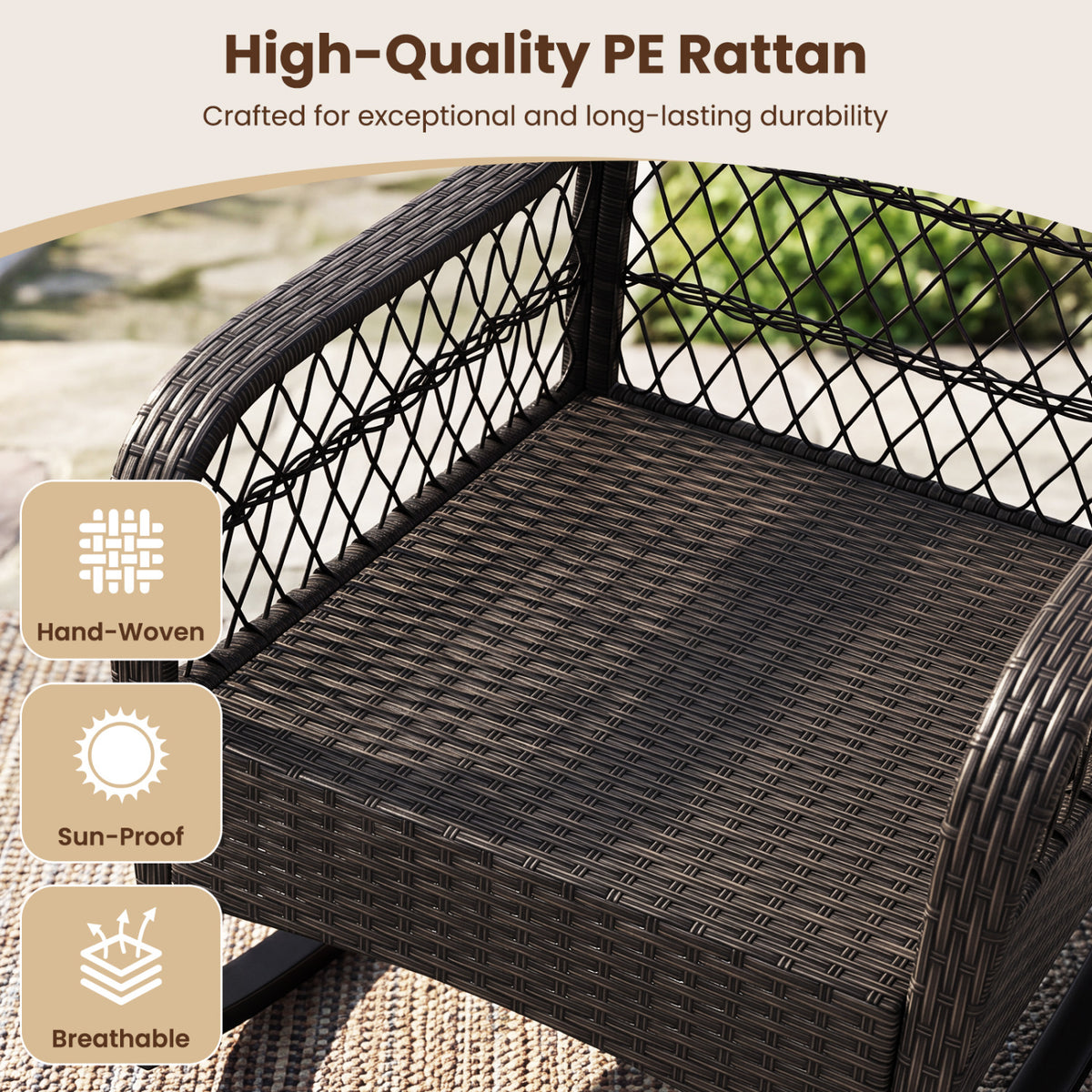 Outdoor Wicker Rocking Chair with Anti-Tip Stoppers 400 LBS for Porch Deck