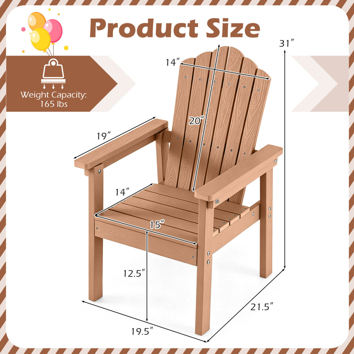 Outdoor Adirondack Chair with High Backrest and Wide Armrests for Deck Poolside