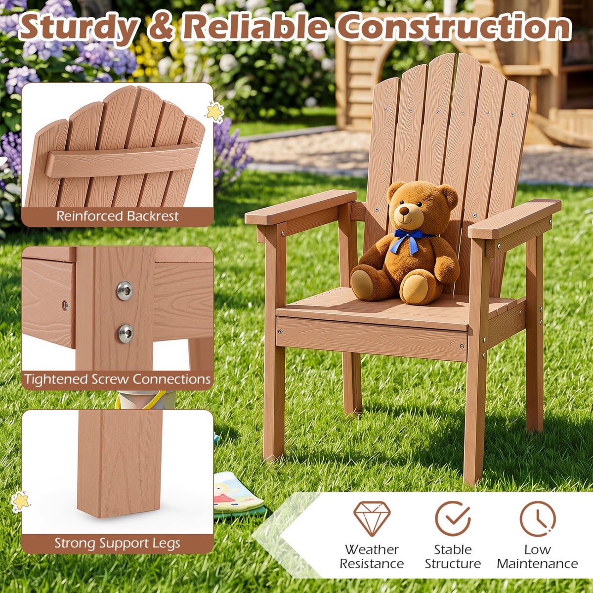 Outdoor Adirondack Chair with High Backrest and Wide Armrests for Deck Poolside