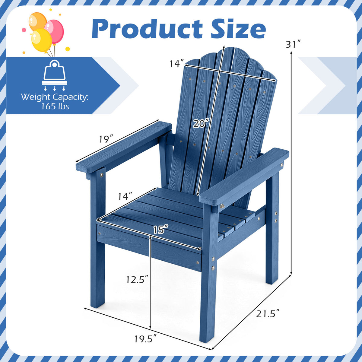 Outdoor Adirondack Chair with High Backrest and Wide Armrests for Deck Poolside