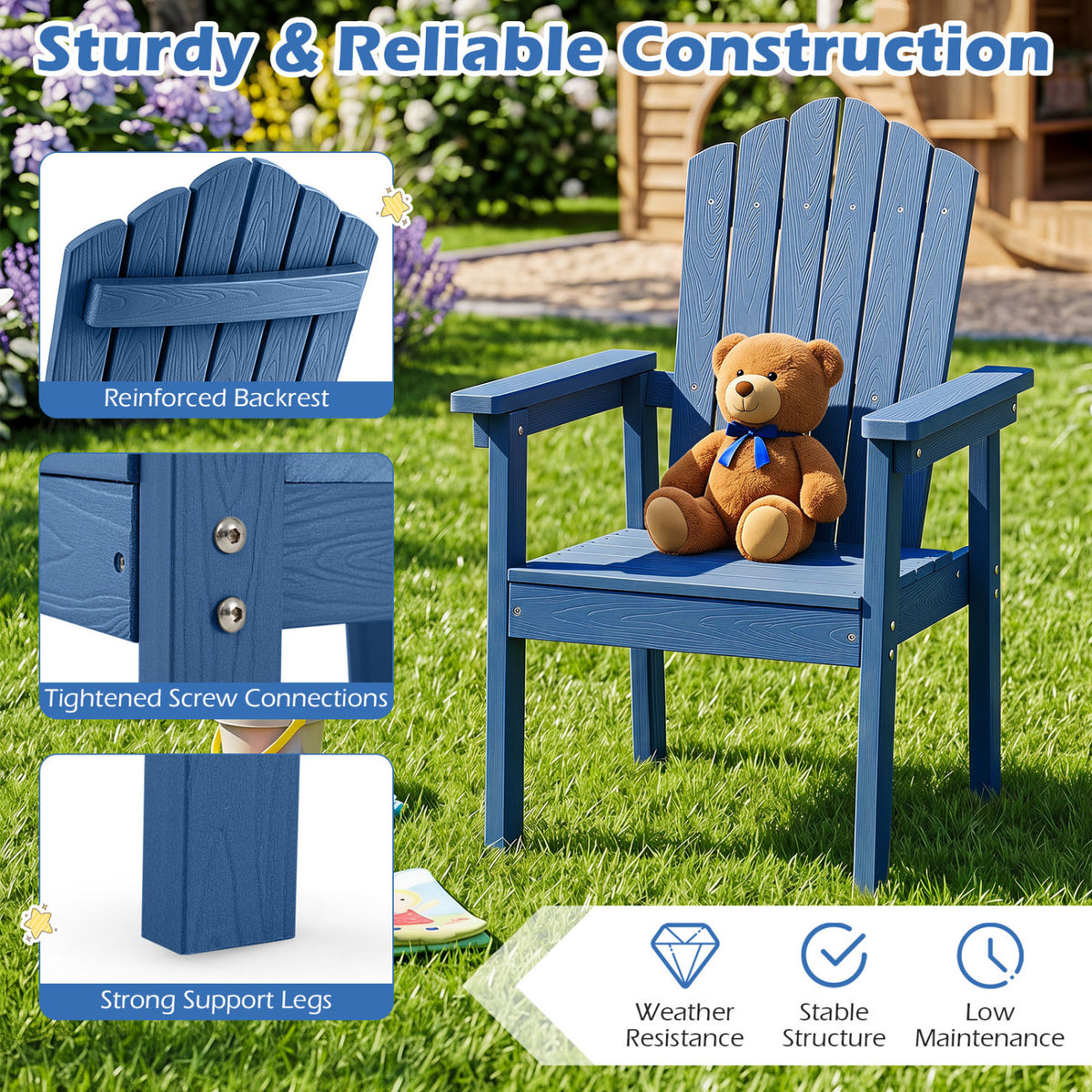 Outdoor Adirondack Chair with High Backrest and Wide Armrests for Deck Poolside