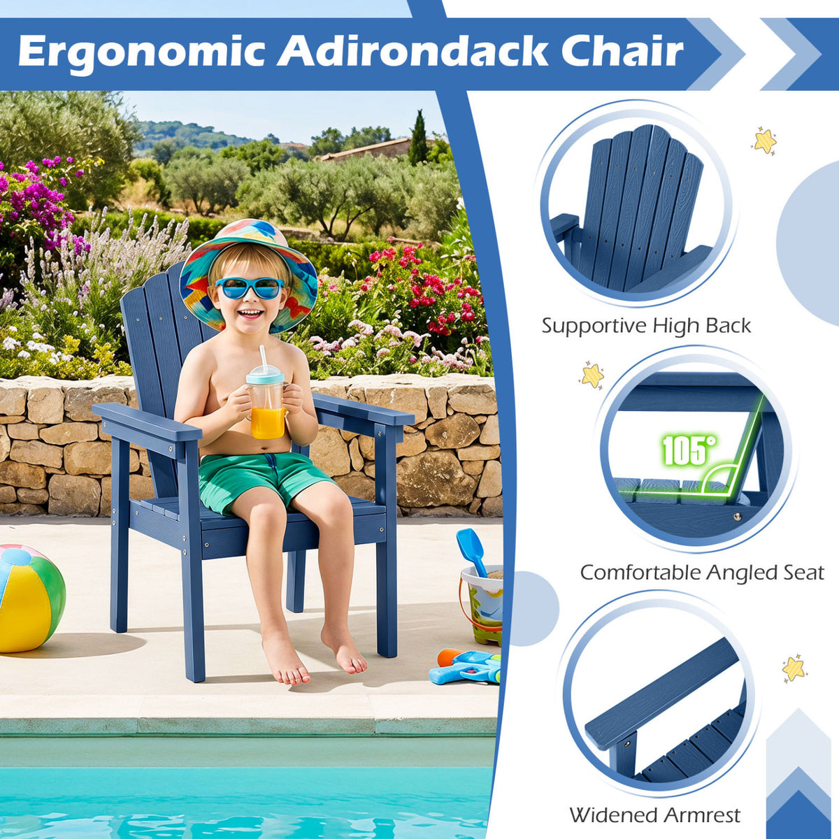 Outdoor Adirondack Chair with High Backrest and Wide Armrests for Deck Poolside