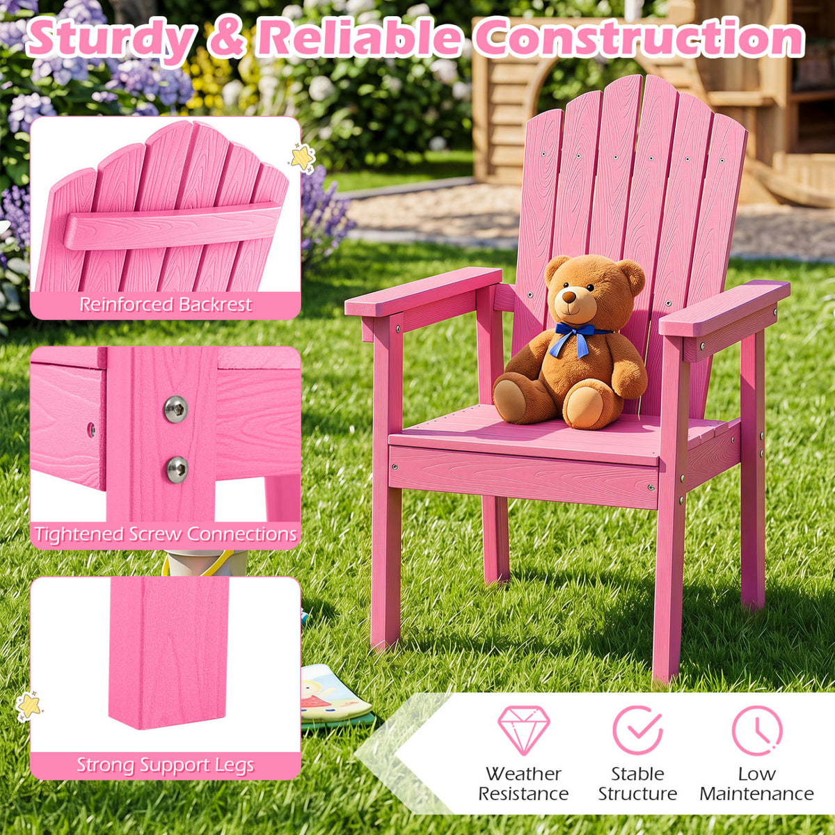 Outdoor Adirondack Chair with High Backrest and Wide Armrests for Deck Poolside