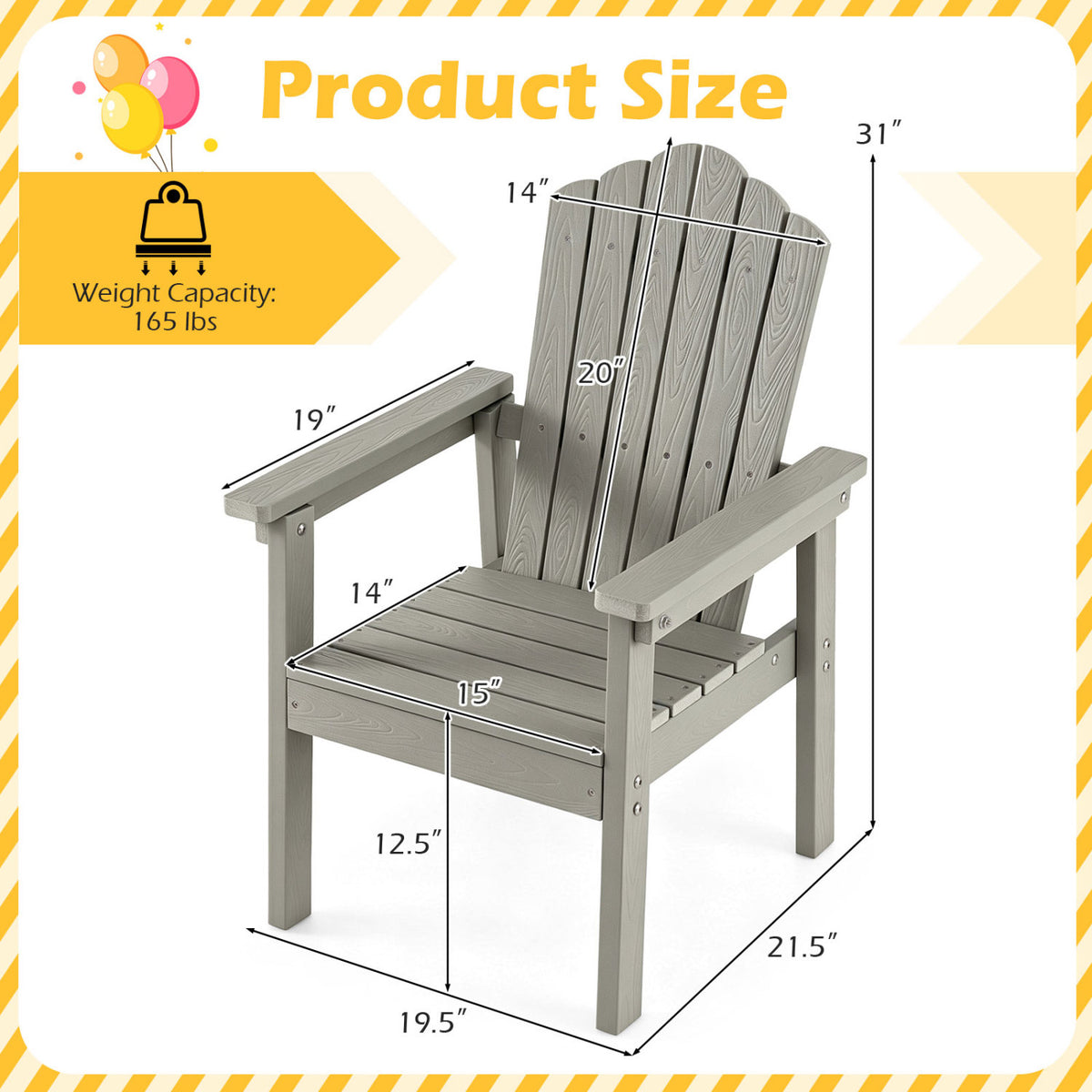 Outdoor Adirondack Chair with High Backrest and Wide Armrests for Deck Poolside