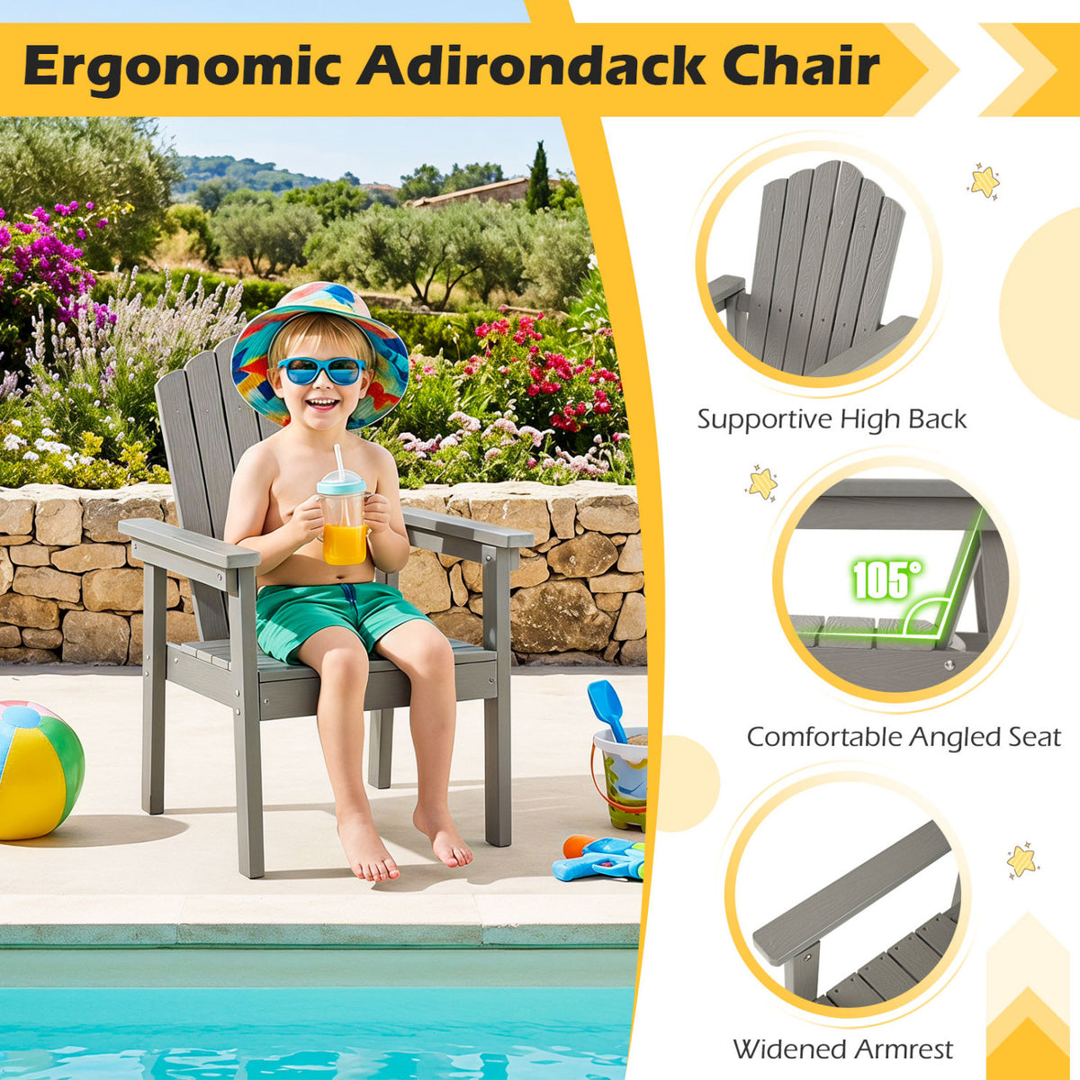 Outdoor Adirondack Chair with High Backrest and Wide Armrests for Deck Poolside