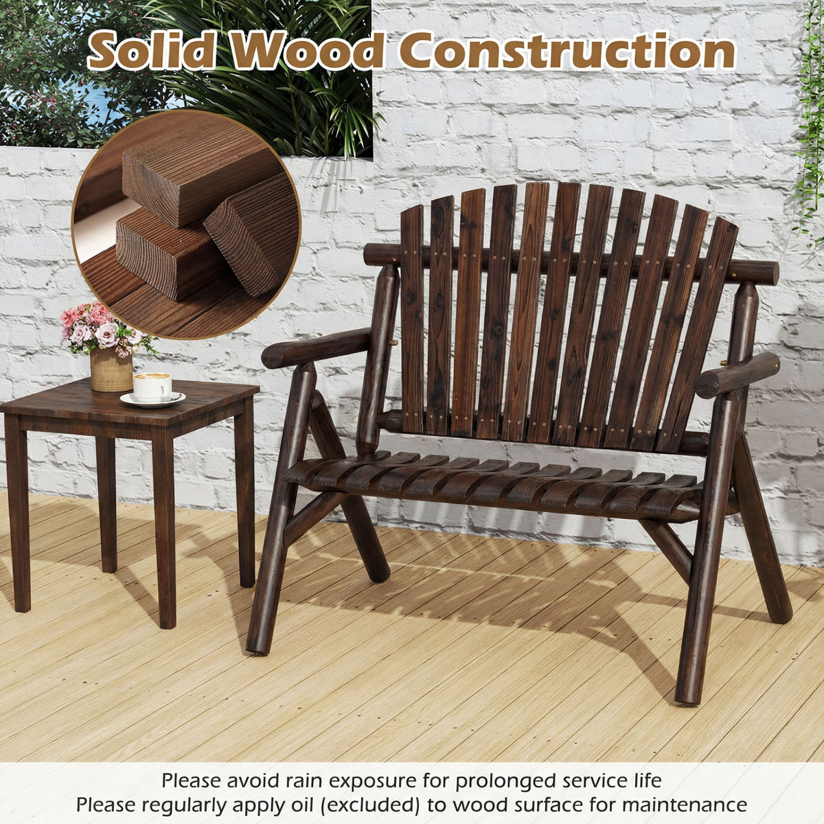 2-Person Log Wood Patio Bench with Slatted Backrest for Deck Backyard