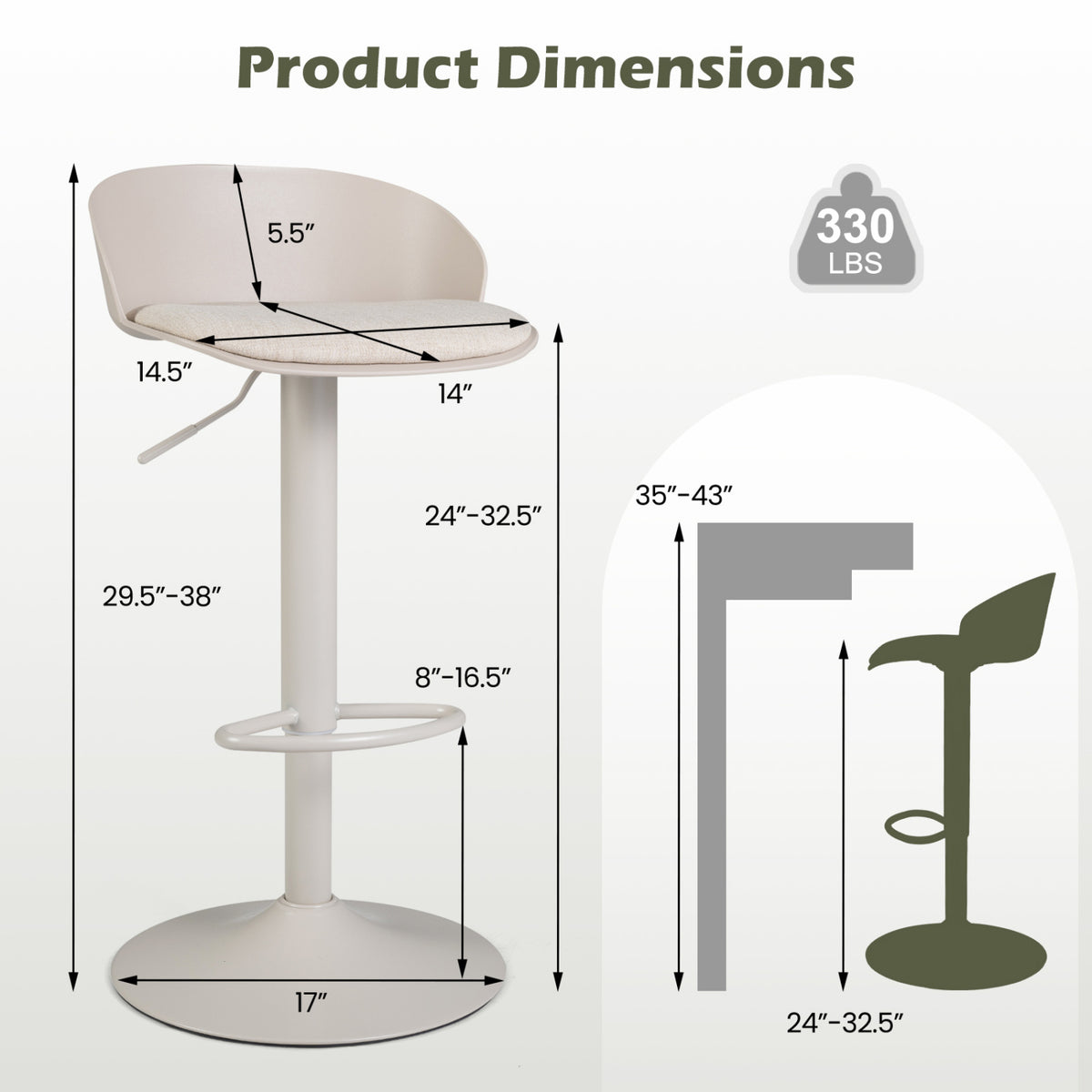 Set of 2 Adjustable Swivel Bar Stools w/ Back & Footrest 330 LBS for Dining