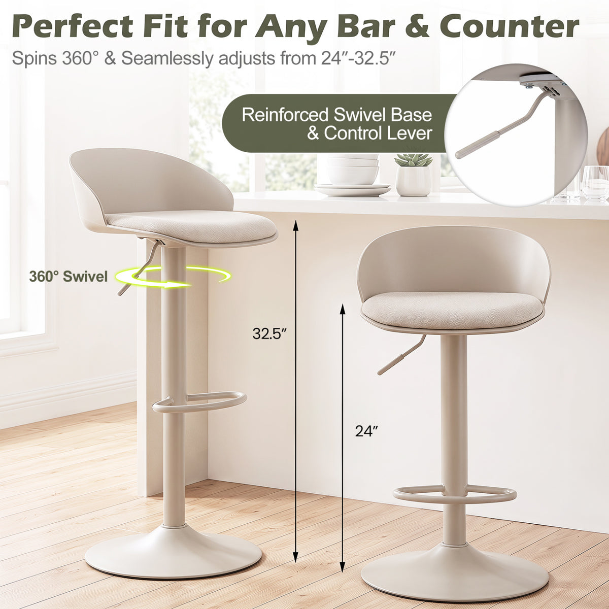 Set of 2 Adjustable Swivel Bar Stools w/ Back & Footrest 330 LBS for Dining