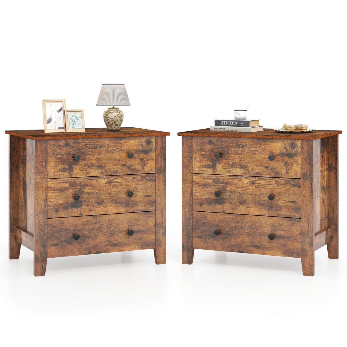 2-Pack 3 Drawer Dresser Chest of Drawers Bedside Table