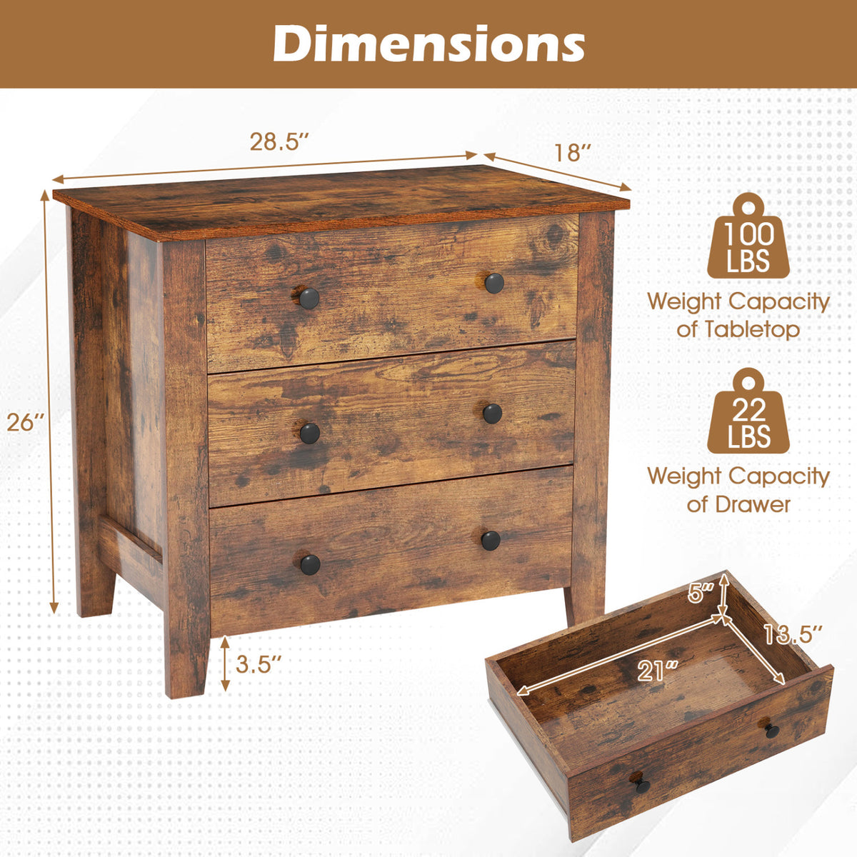 2-Pack 3 Drawer Dresser Chest of Drawers Bedside Table