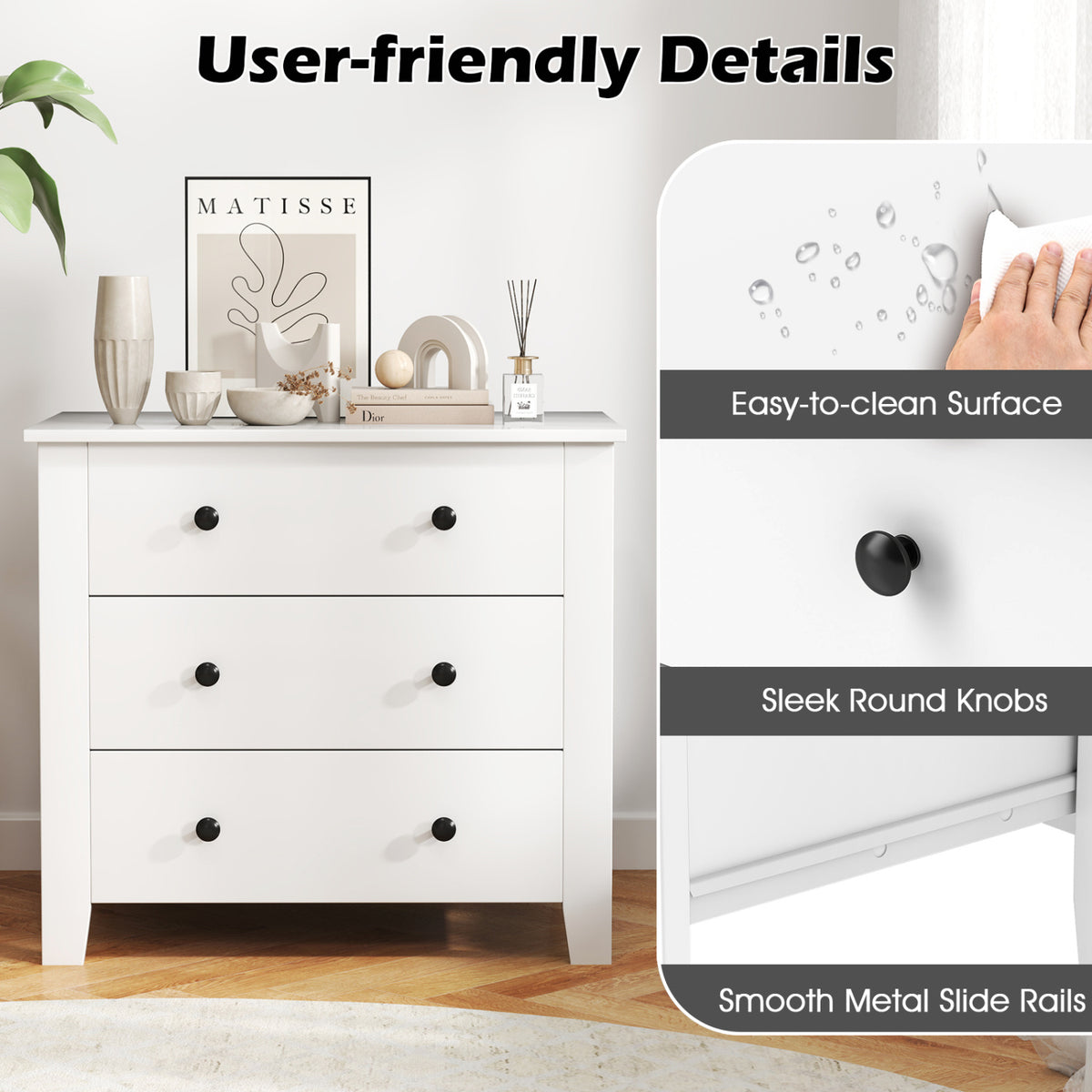 2-Pack 3 Drawer Dresser Chest of Drawers Bedside Table
