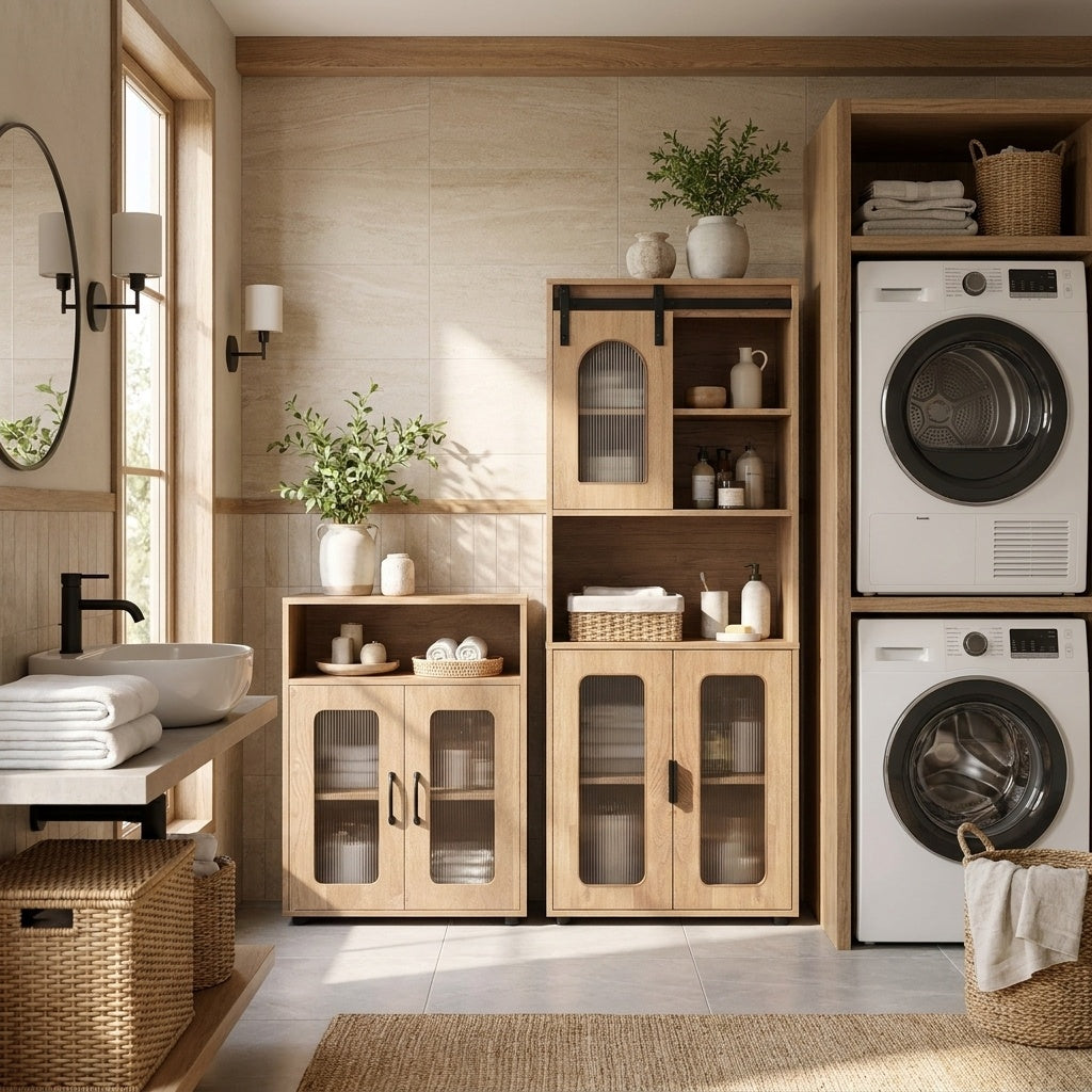 Bathroom Cabinet Set with 59 Inch Tall Cabinet and 2-Door Floor Cabinet