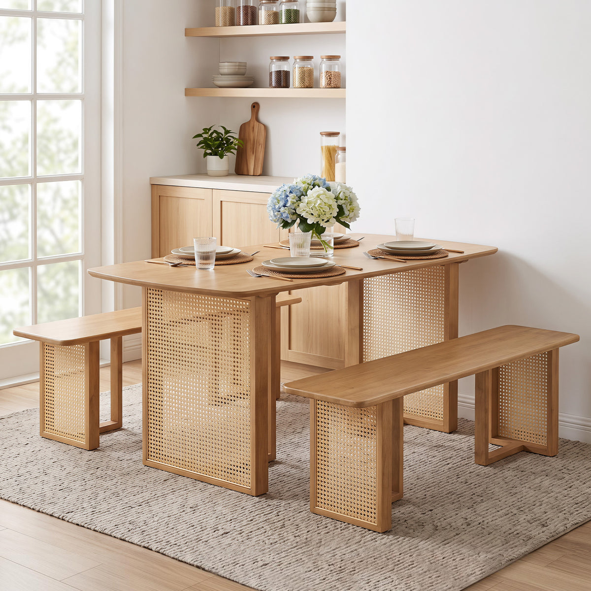 55â Solid Rubber Wood Dining Table Set Boho Rectangular Dining Table with 2 Benches-Natural