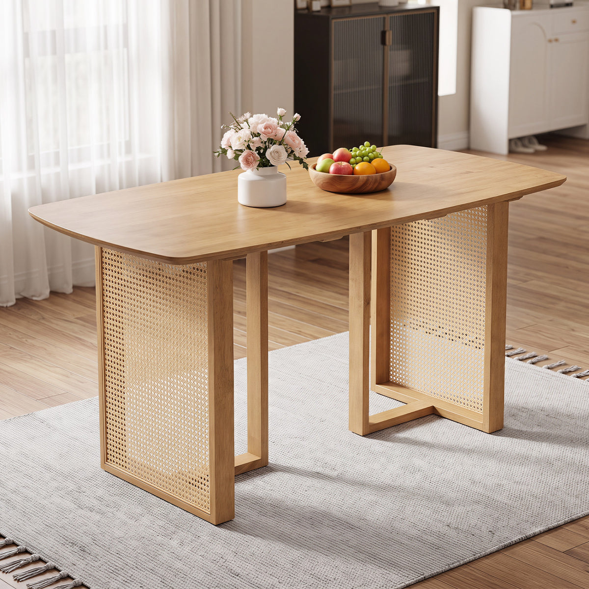 55â Solid Rubber Wood Dining Table Set Boho Rectangular Dining Table with 2 Benches-Natural