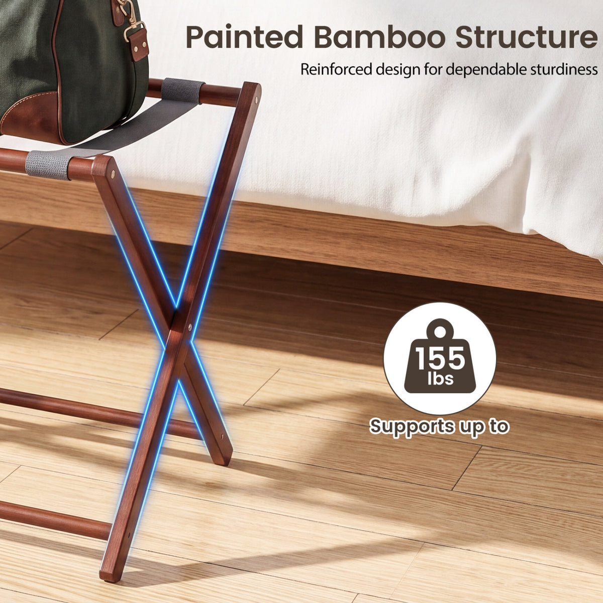 27" Bamboo Luggage Rack with 5 Nylon Straps and Compartments for Guest Room Hotel-Walnut & Grey