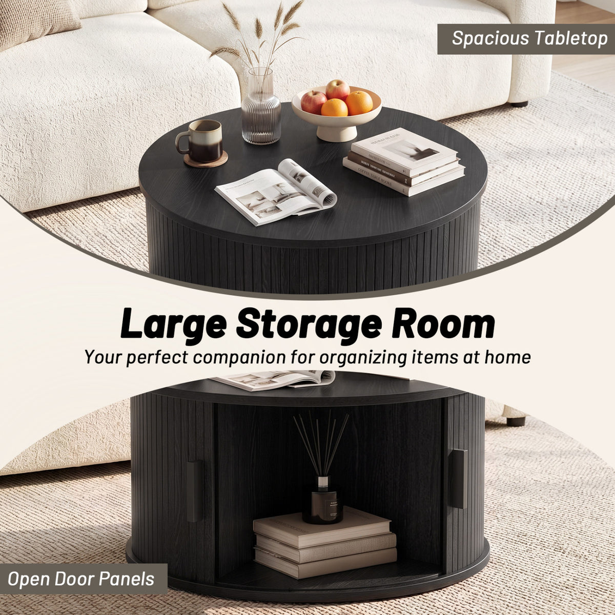 31.5" Round Coffee Table with Storage and Sliding Tambour Door for Living Room