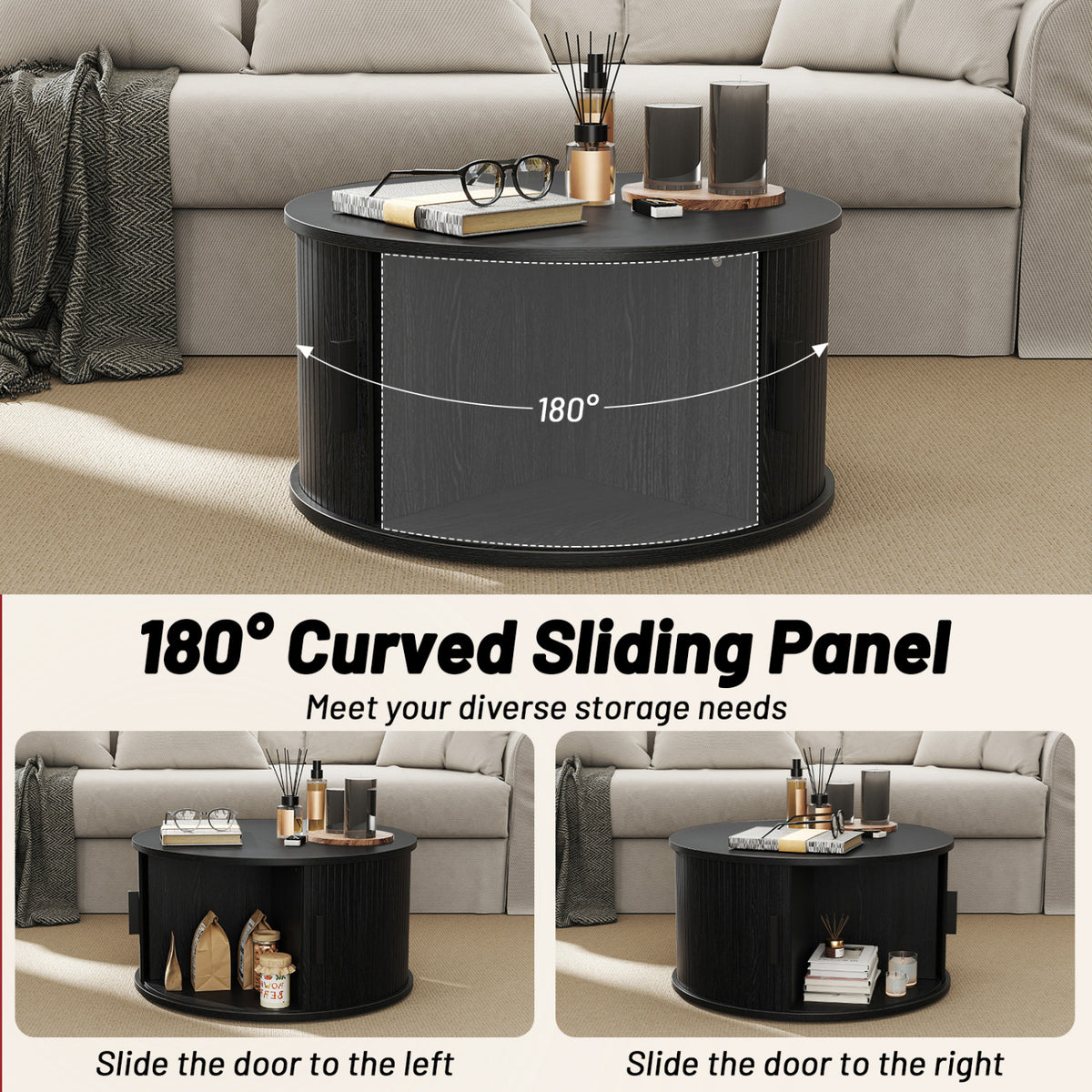 31.5" Round Coffee Table with Storage and Sliding Tambour Door for Living Room