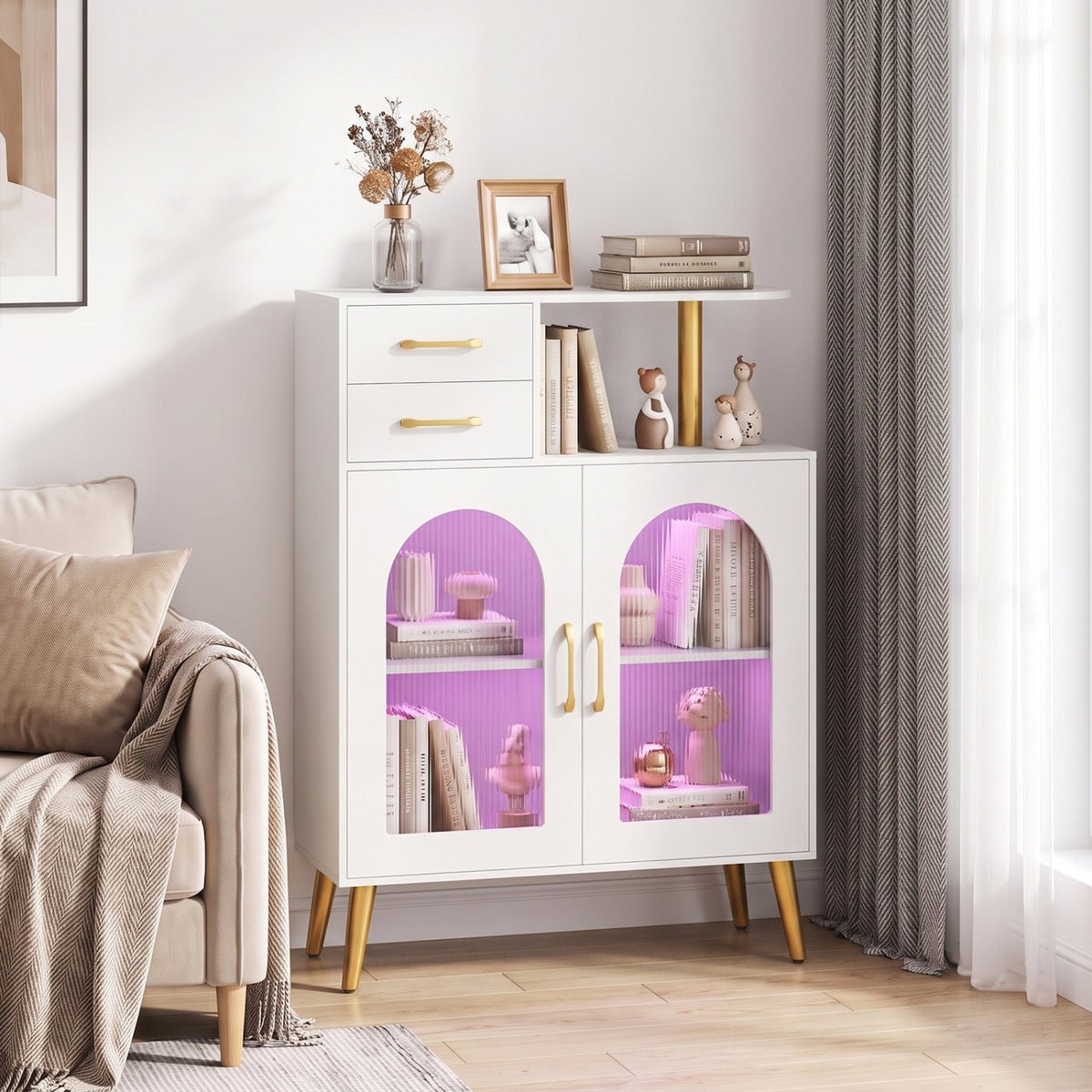Modern Buffet Cabinet Sideboard with Translucent Doors and Open Shelf-White