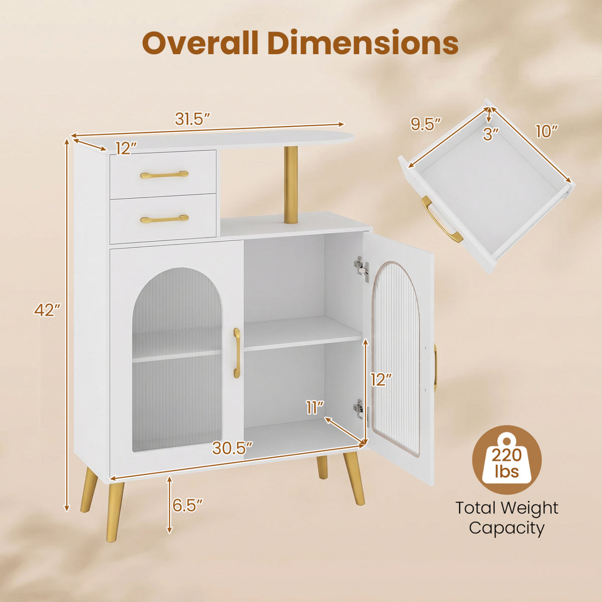 Modern Buffet Cabinet Sideboard with Translucent Doors and Open Shelf-White