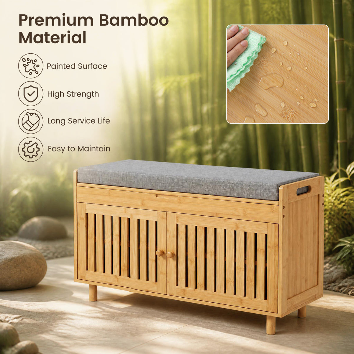 36" Bamboo Shoe Storage Bench with Lift Top and Cushion for Hallway-Natural