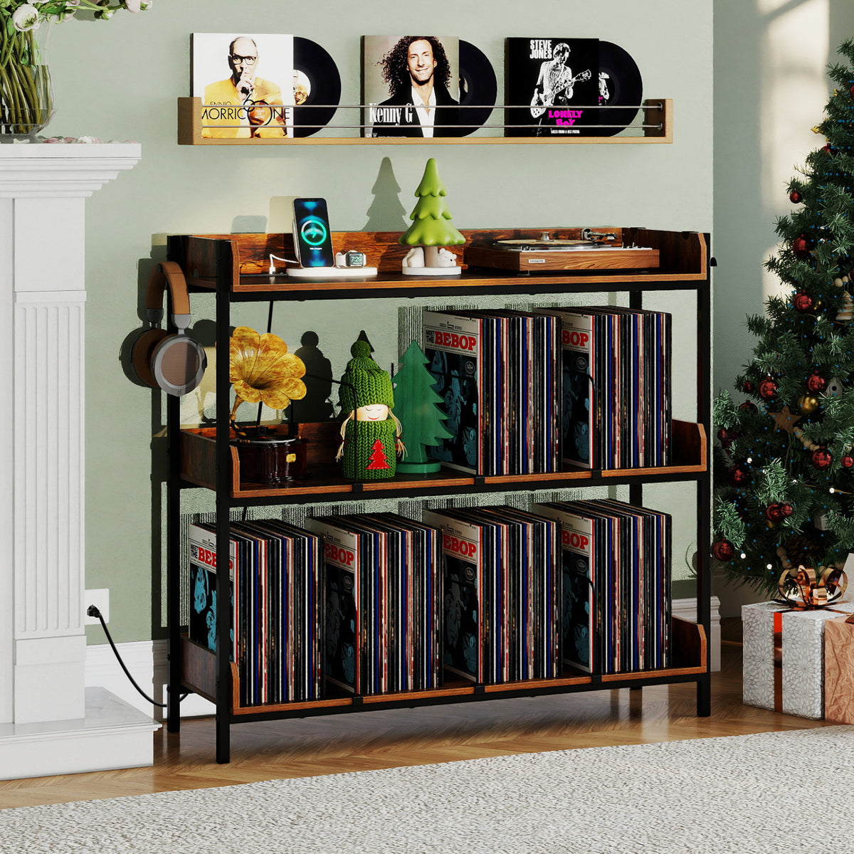 3-Tier Record Player Stand with Power Outlets and Metal Dividers-Rustic Brown