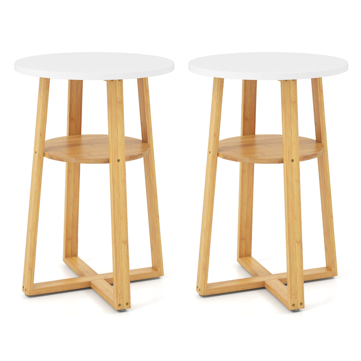 2-Tier End Tables Set of 2 with Lower Shelf X-shaped Base and Anti-Slip Foot Pads-White + Natural