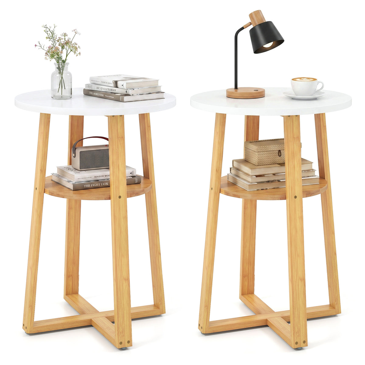 2-Tier End Tables Set of 2 with Lower Shelf X-shaped Base and Anti-Slip Foot Pads-White + Natural