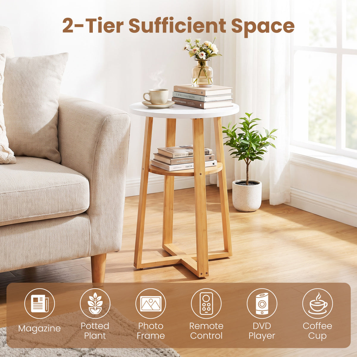 2-Tier End Tables Set of 2 with Lower Shelf X-shaped Base and Anti-Slip Foot Pads-White + Natural