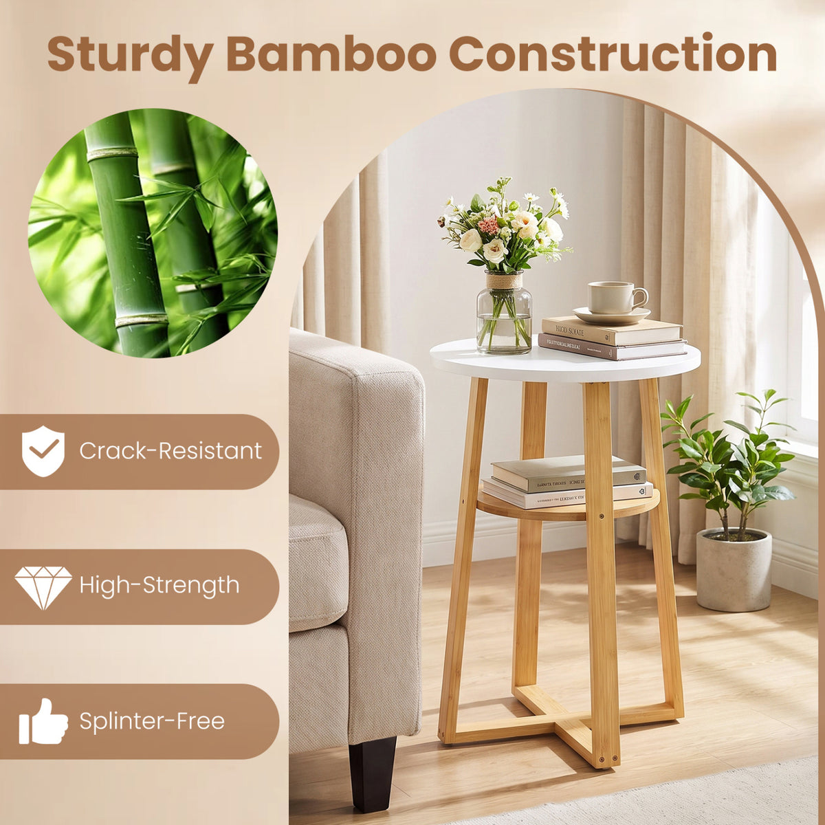 2-Tier End Tables Set of 2 with Lower Shelf X-shaped Base and Anti-Slip Foot Pads-White + Natural