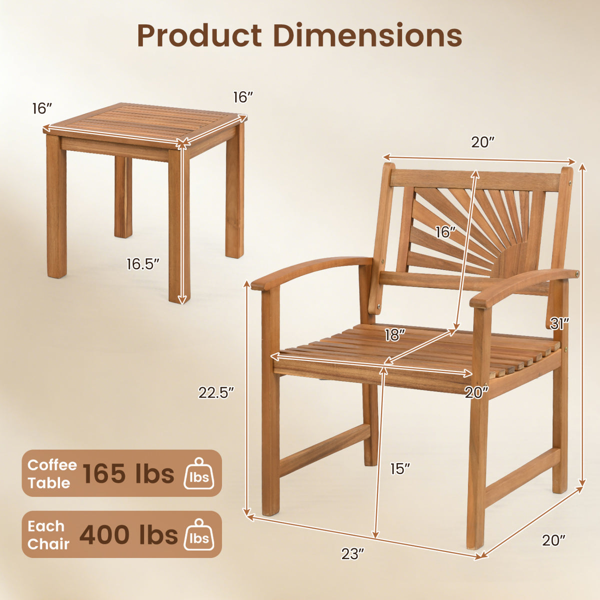 3-Piece Patio Acacia Wood Bistro Set with 2 Slatted Armchairs