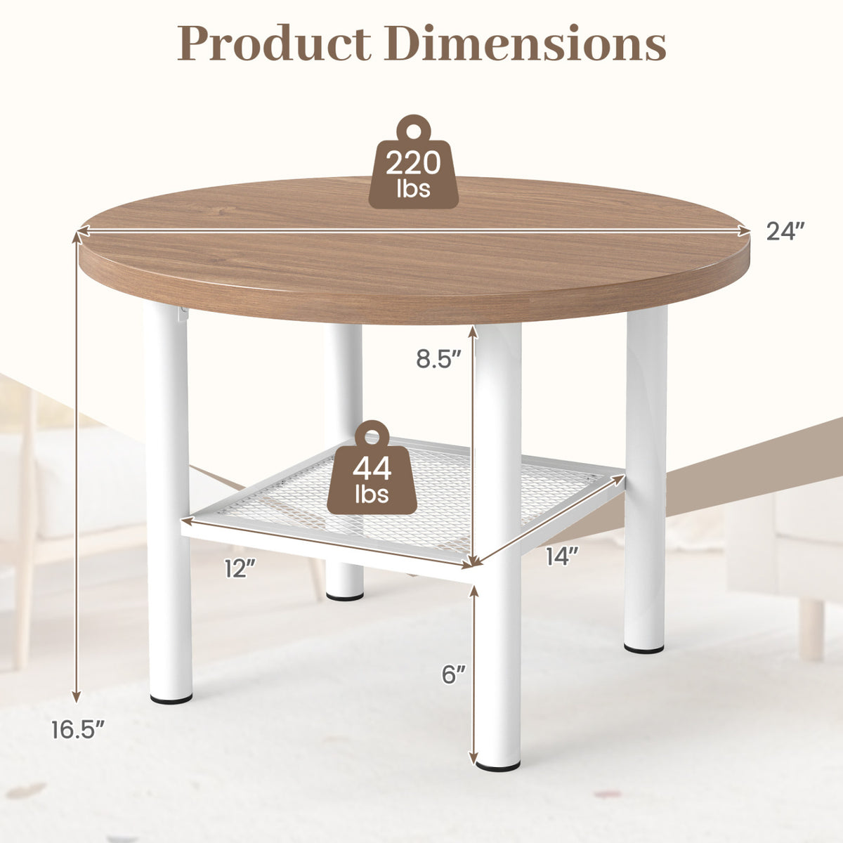 Modern Round Coffee Table Metal Frame 2-Tier with Storage Shelf