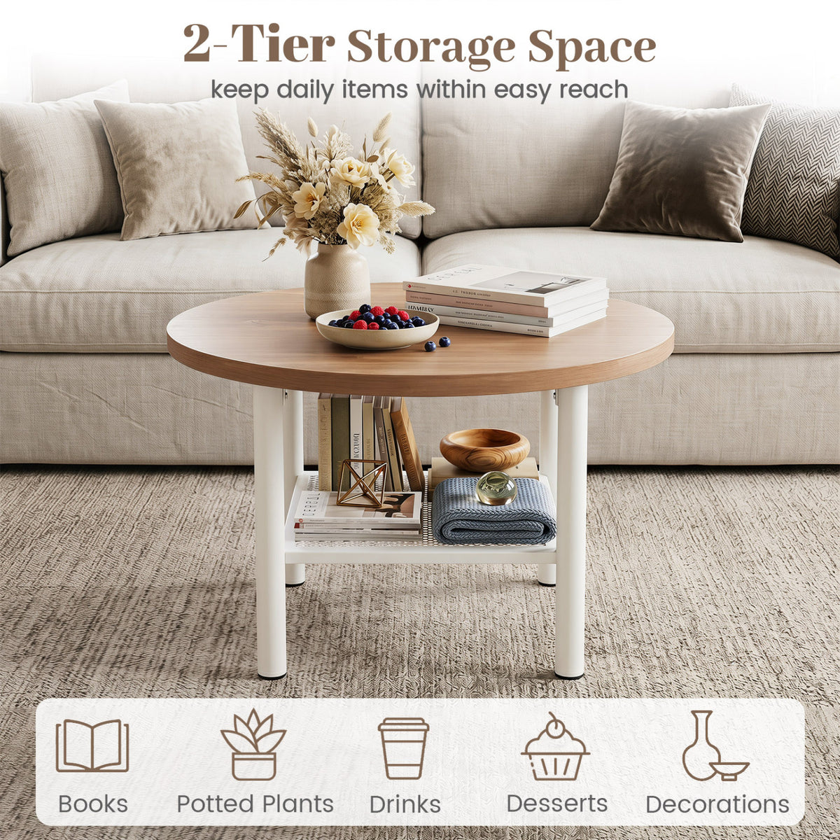 Modern Round Coffee Table Metal Frame 2-Tier with Storage Shelf
