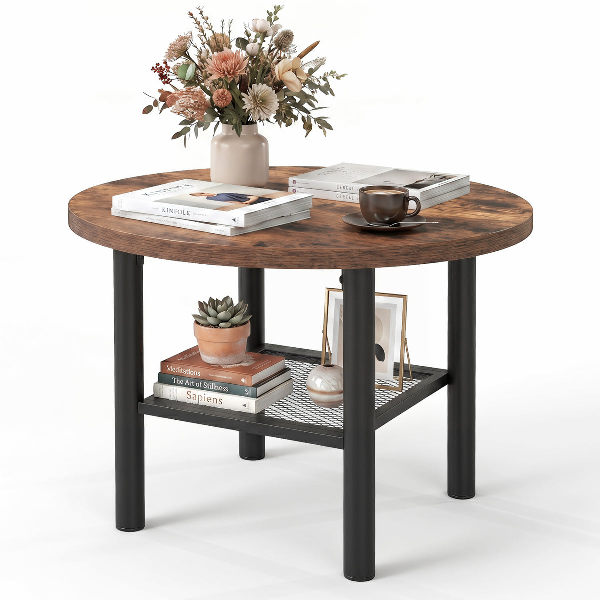 Modern Round Coffee Table Metal Frame 2-Tier with Storage Shelf