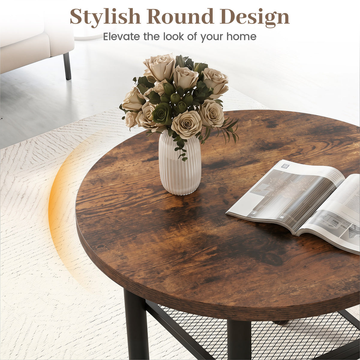 Modern Round Coffee Table Metal Frame 2-Tier with Storage Shelf
