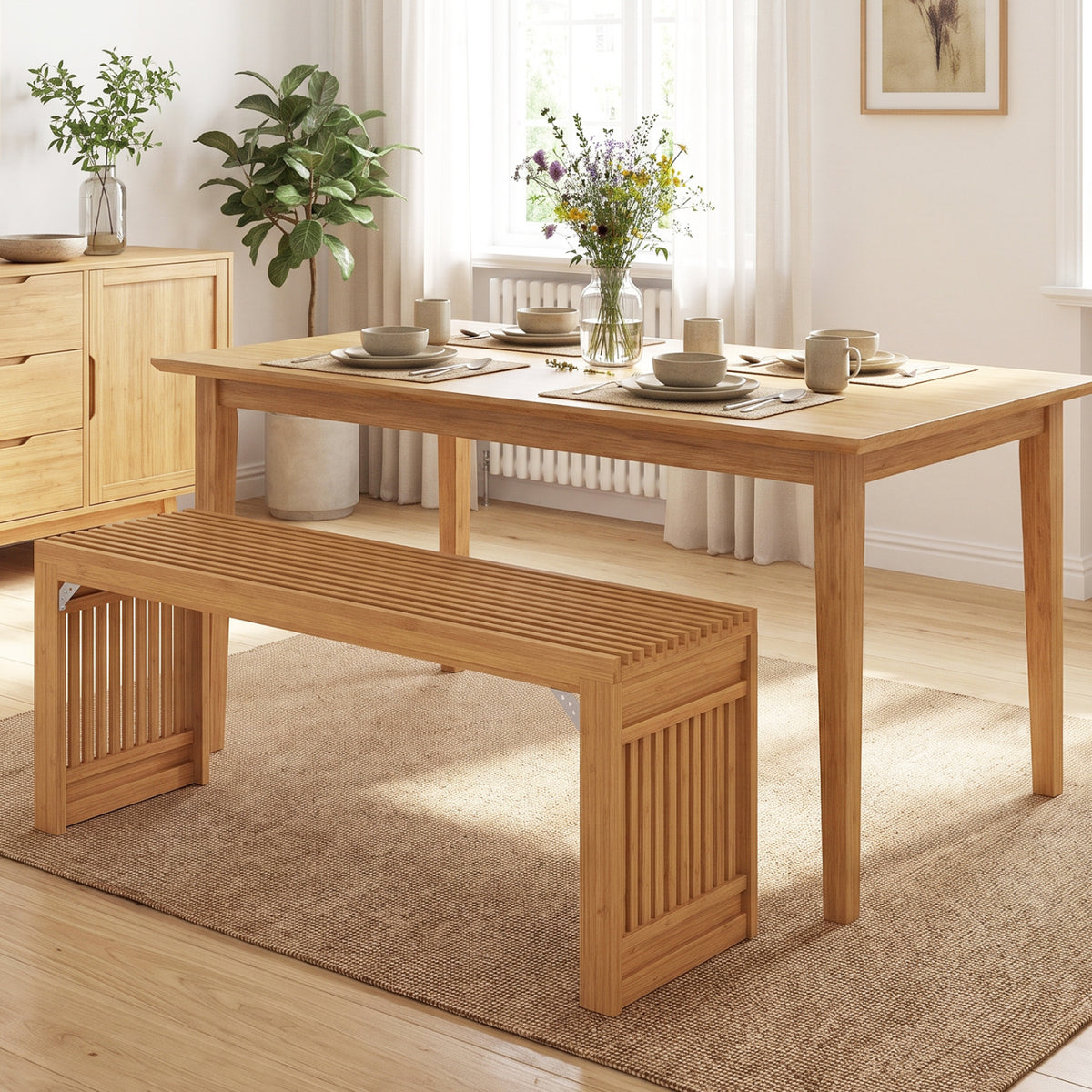 35.5" Indoor Bamboo Bench with Solid Widened Legs and Slatted Design for Entryway-Natural