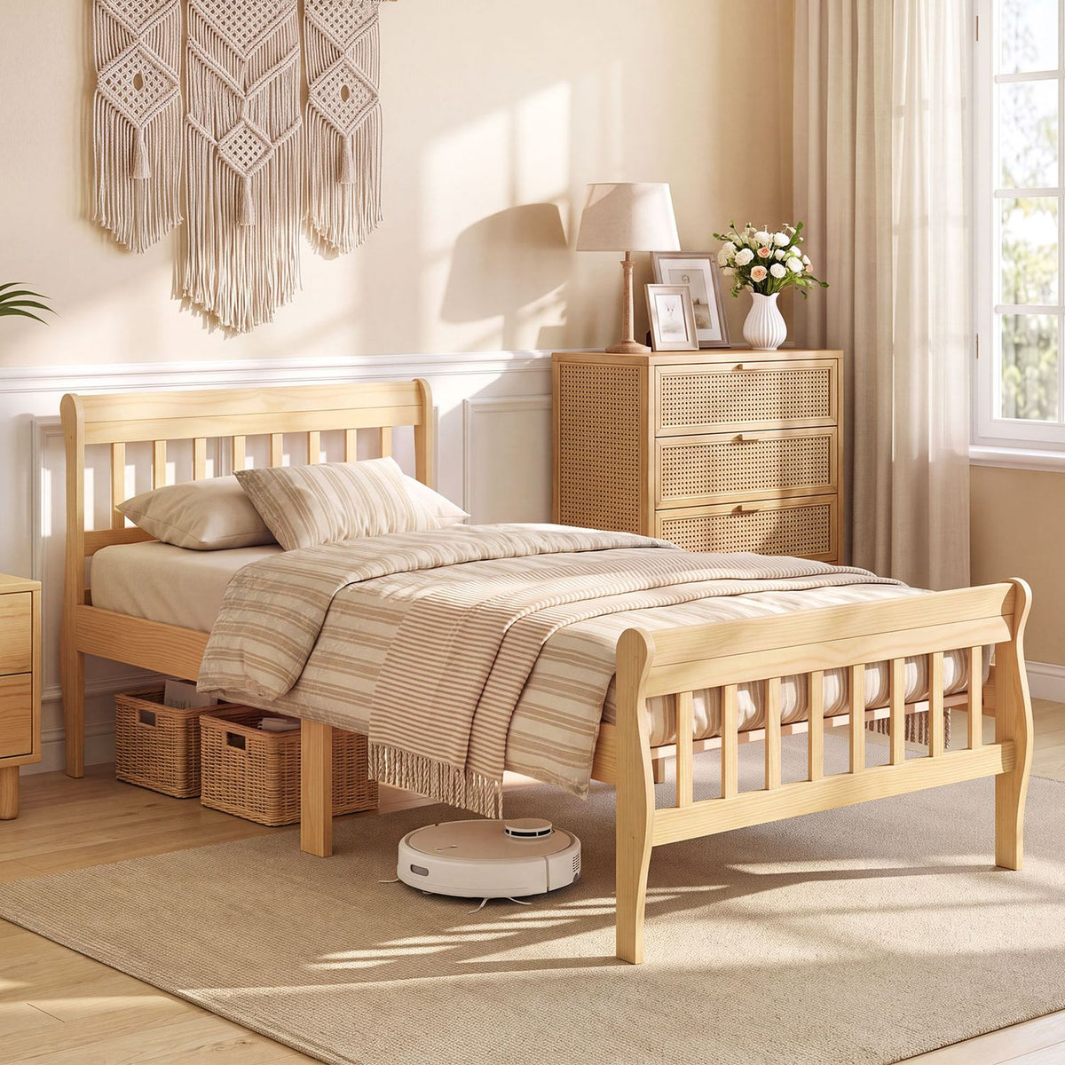 Solid Wood Platform Bed Frame with Headboard Wood Slat Support Natural