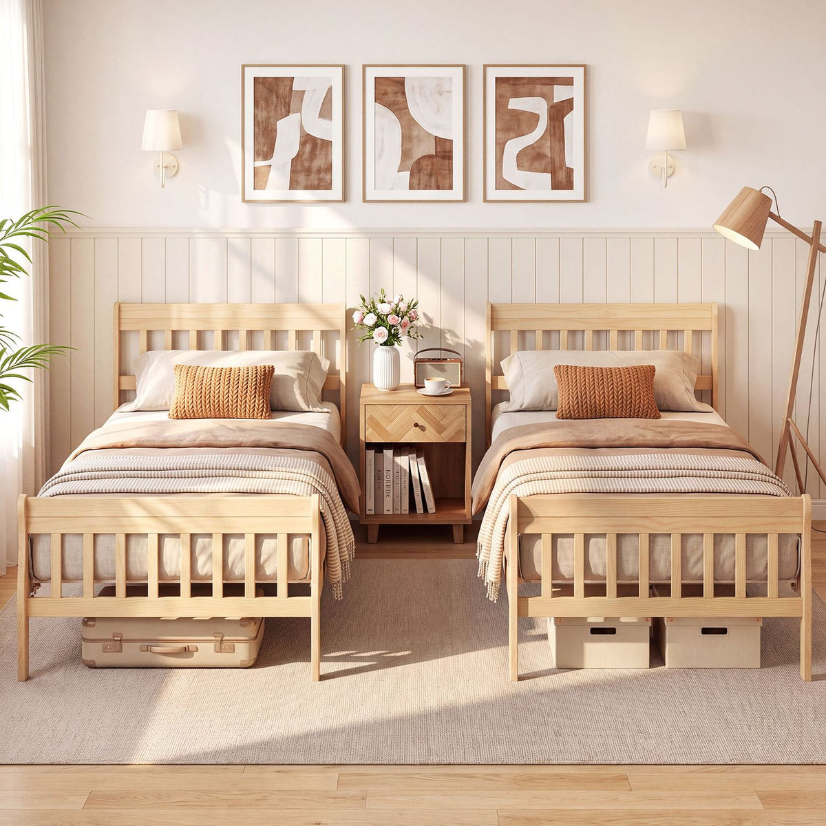 Solid Wood Platform Bed Frame with Headboard Wood Slat Support Natural
