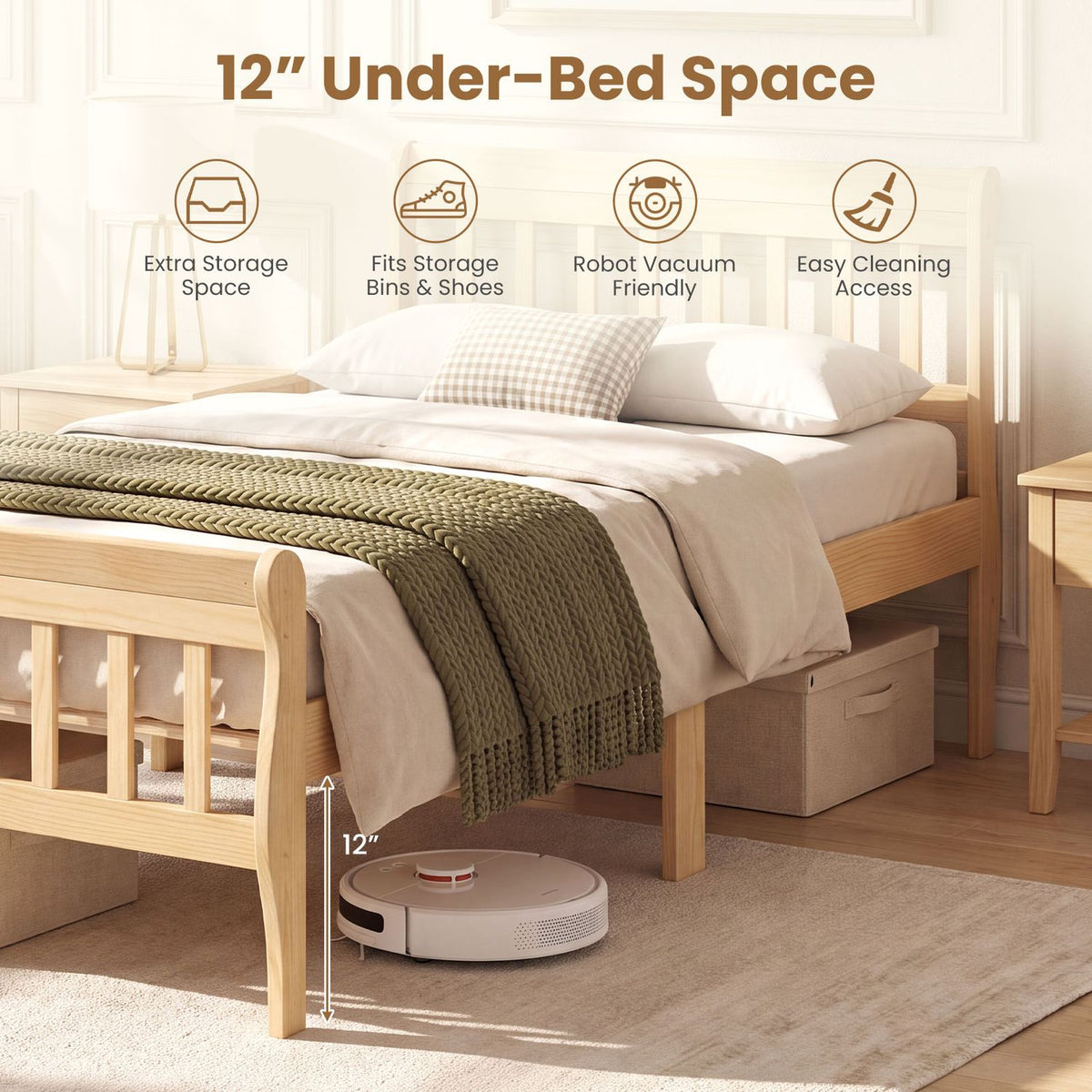 Solid Wood Platform Bed Frame with Headboard Wood Slat Support Natural