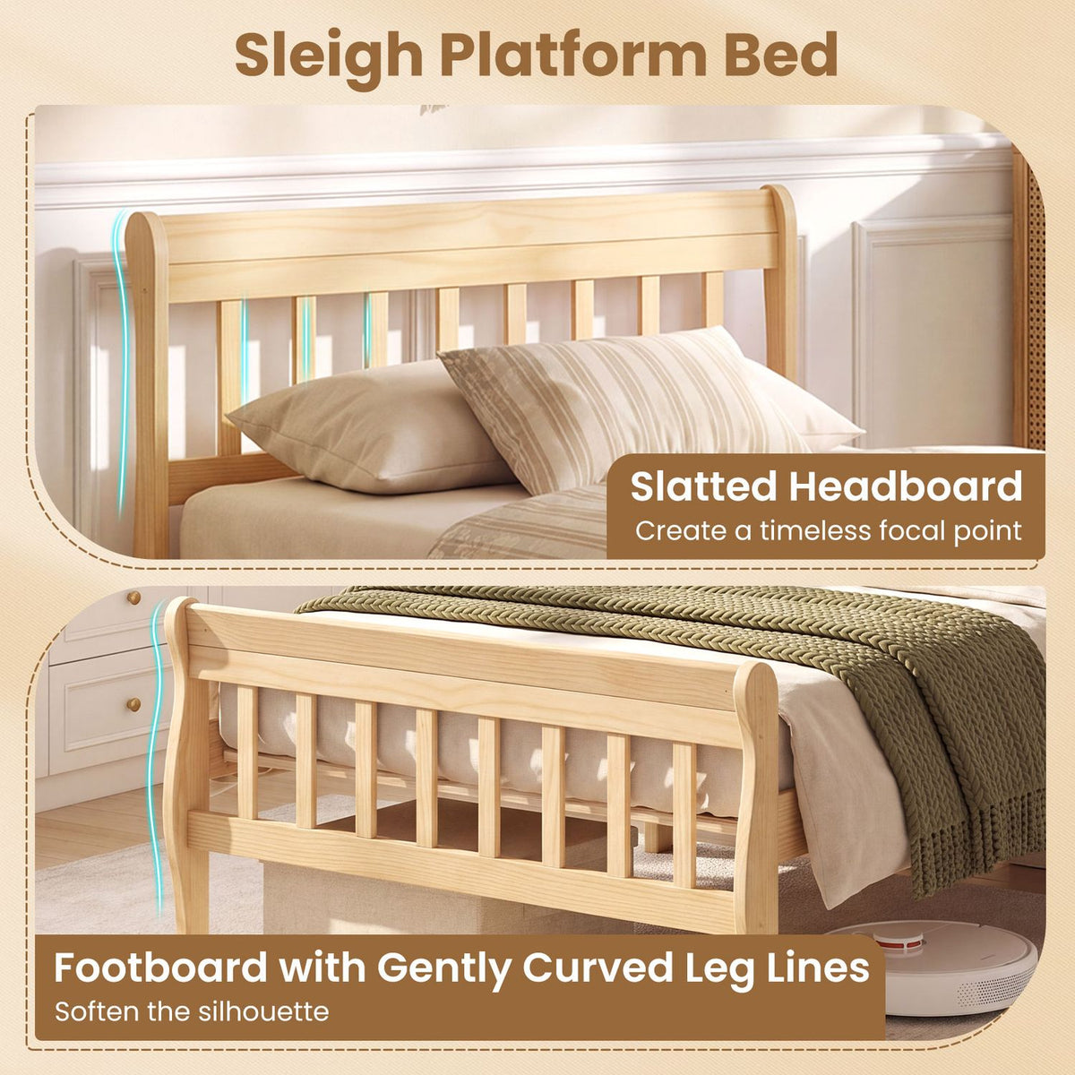 Solid Wood Platform Bed Frame with Headboard Wood Slat Support Natural