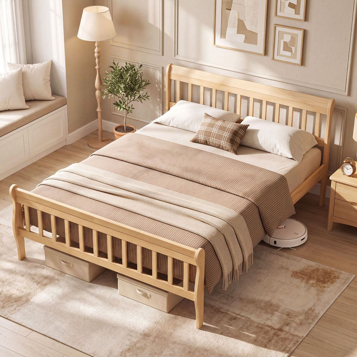 Solid Wood Platform Bed Frame with Headboard Wood Slat Support Natural