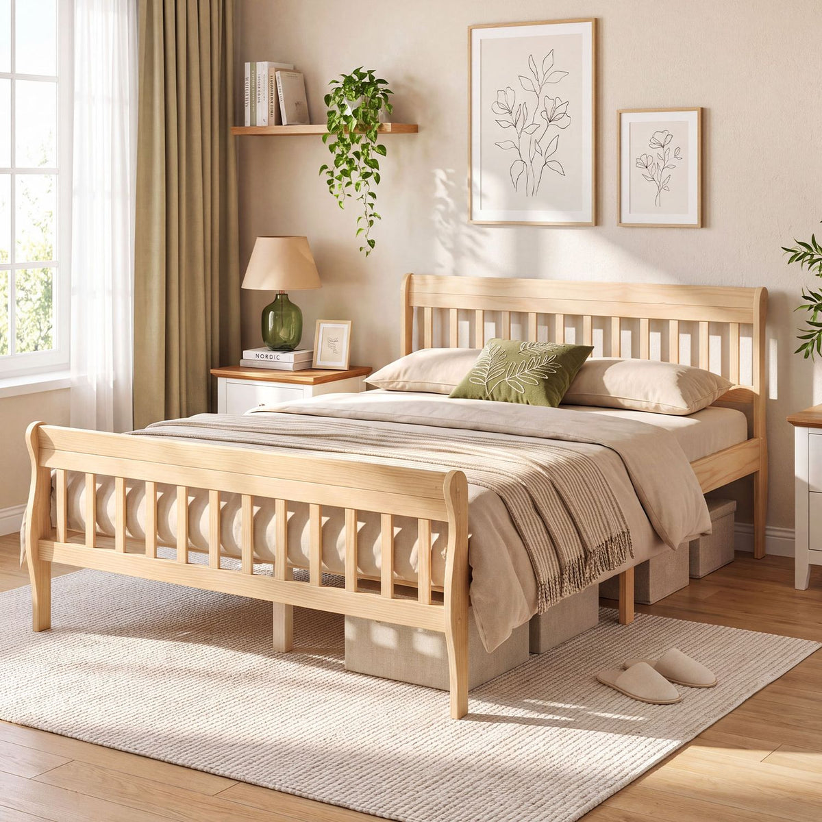 Solid Wood Platform Bed Frame with Headboard Wood Slat Support Natural